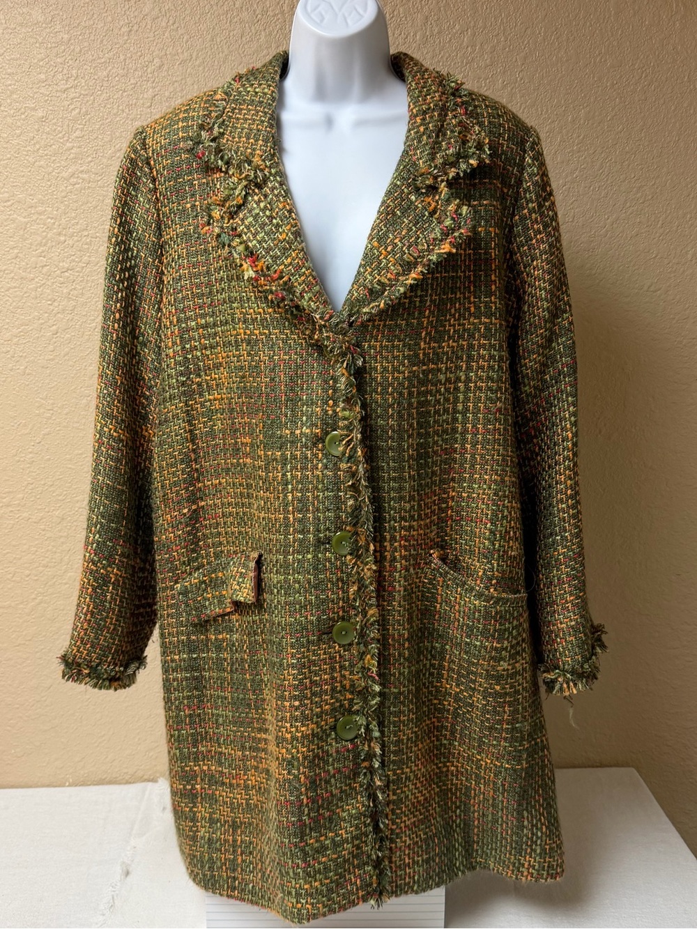 4/$20 Studio Works Olive Green Tweed Button-Front Blazer Coat
